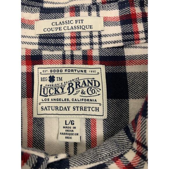 Lucky Brand Saturday Stretch White, Navy & Red Plaid Flannel Shirt size L Men’s - Picture 7 of 8